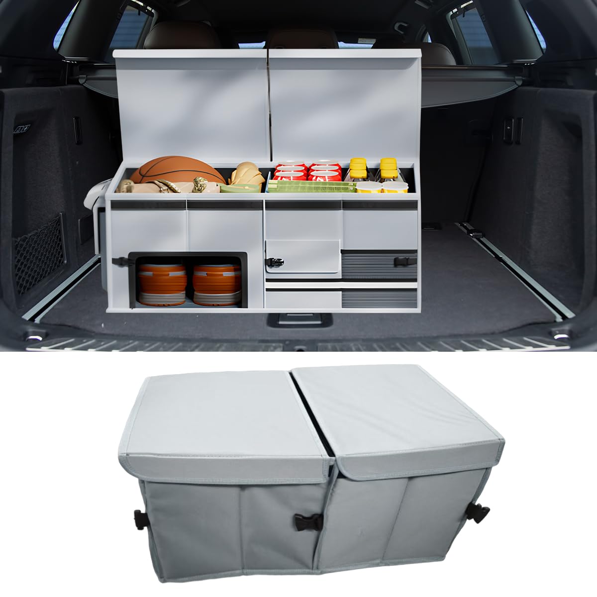 Car Trunk Organizer, Collapsible Multi Compartment Car Storage Box with Lid & Reinforced Handles, Adjustable Waterproof Storage Organizer Accessories for SUVs Cars Trucks (Black)