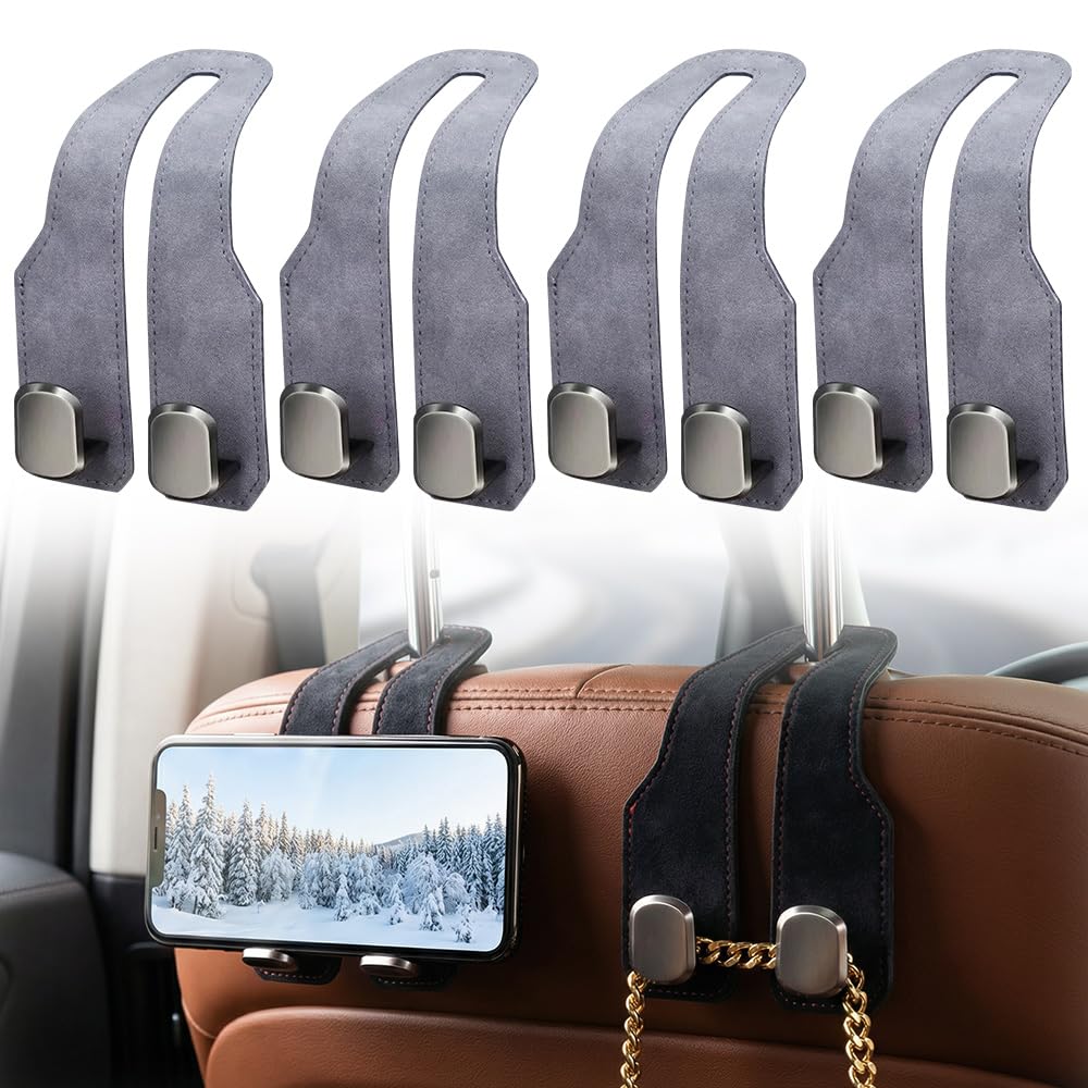 Fauppt Headrest Hooks for Car Car Seat Hooks for Headrest,2026 Hooks for Purses and Bags Cute Car Purse Holder,Twinhook Leather Car Headrest Hangers Seat Back Organizers for Travel (Black*2)