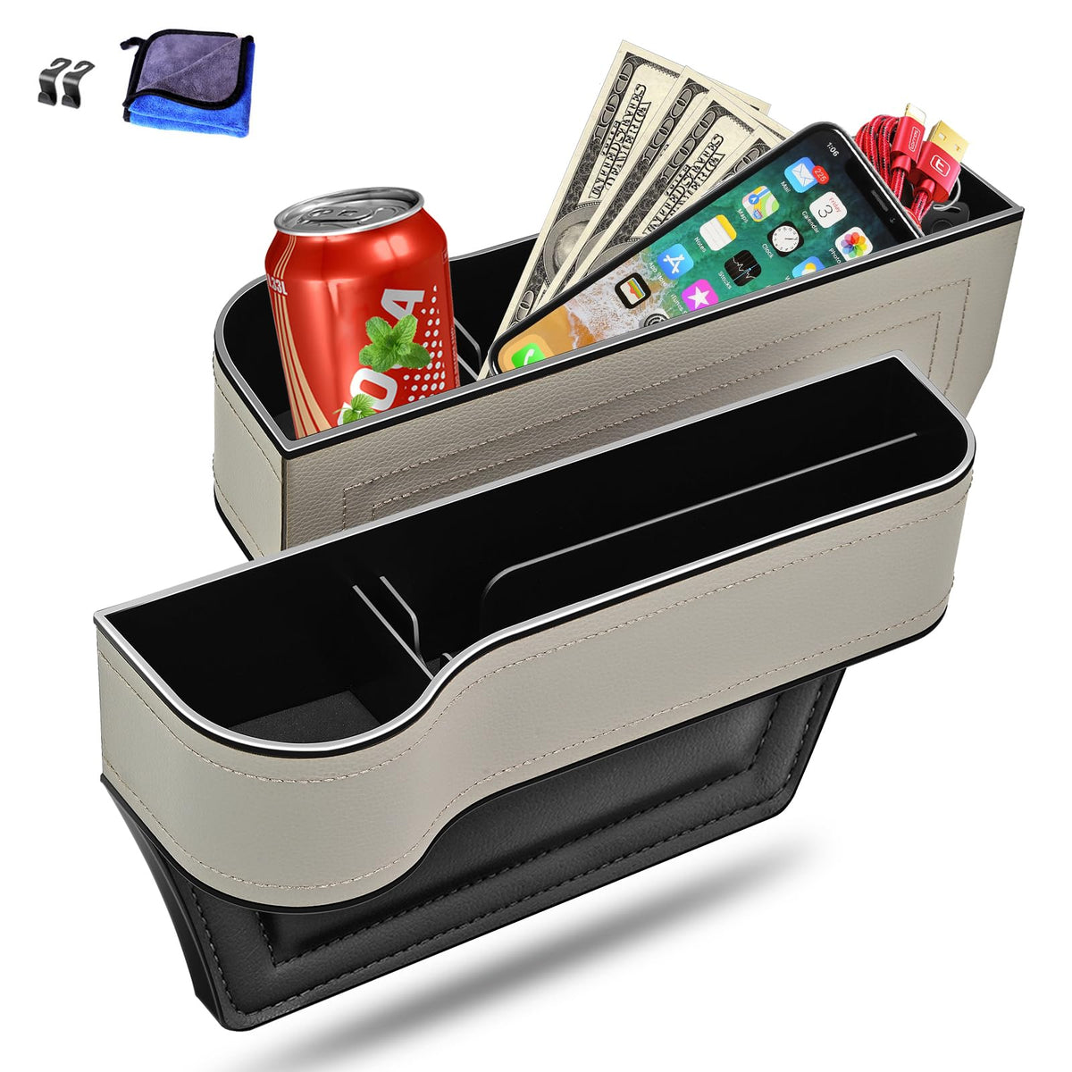 Car Seat Gap Filler Organizer, 2 Pack Multifunctional Car Seat Organizer, Auto Console Side Storage Box with Cup Holders 2 Seat Hooks for Drink, Car Organizer Front Seat for Holding Phone, Sunglasses