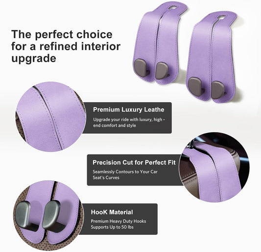 CoBak Purse Hook for Car - Universal Premium Stitched Leather and Aluminum-Magnesium Alloy Double Car Seat Back Storage Hook for Purses, Handbags, Bags (2 Pack),Amethyst Purple