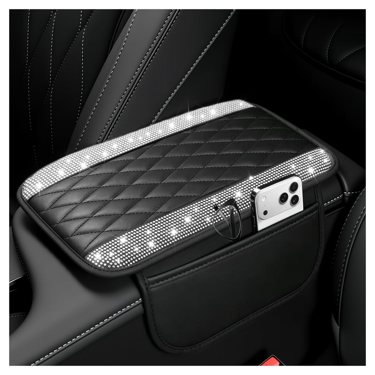 Stacool Upgraded Car Center Console Cover,Microfiber Leather Car Armrest Cover Cushion with 2 Storage Bags,Universal Car Armrest Storage Box (Black)