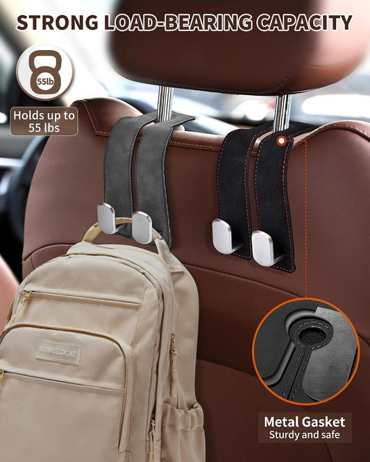Headrest Hooks for Car, 4 Pack Car Seat Back Organizer Storage Hook, Double Hook Car Seat Hooks for Hanger Purses and Bags, Leather Purse Holder for Car, Black