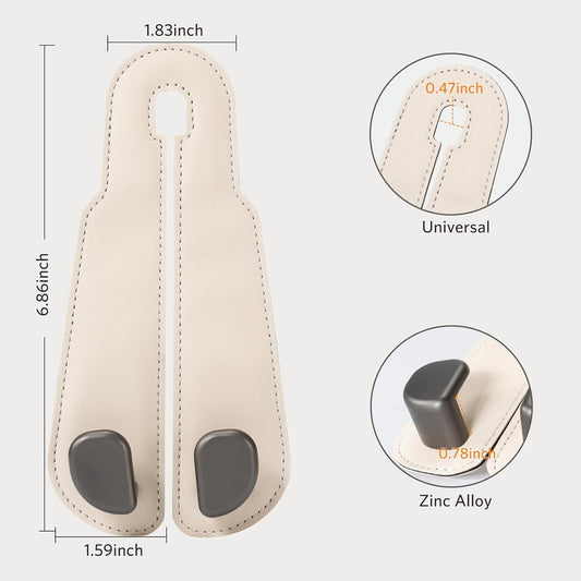 CoBak Purse Hook for Car - Universal Premium Stitched Leather and Aluminum-Magnesium Alloy Double Car Seat Back Storage Hook for Purses, Handbags, Bags (2 Pack),Beige