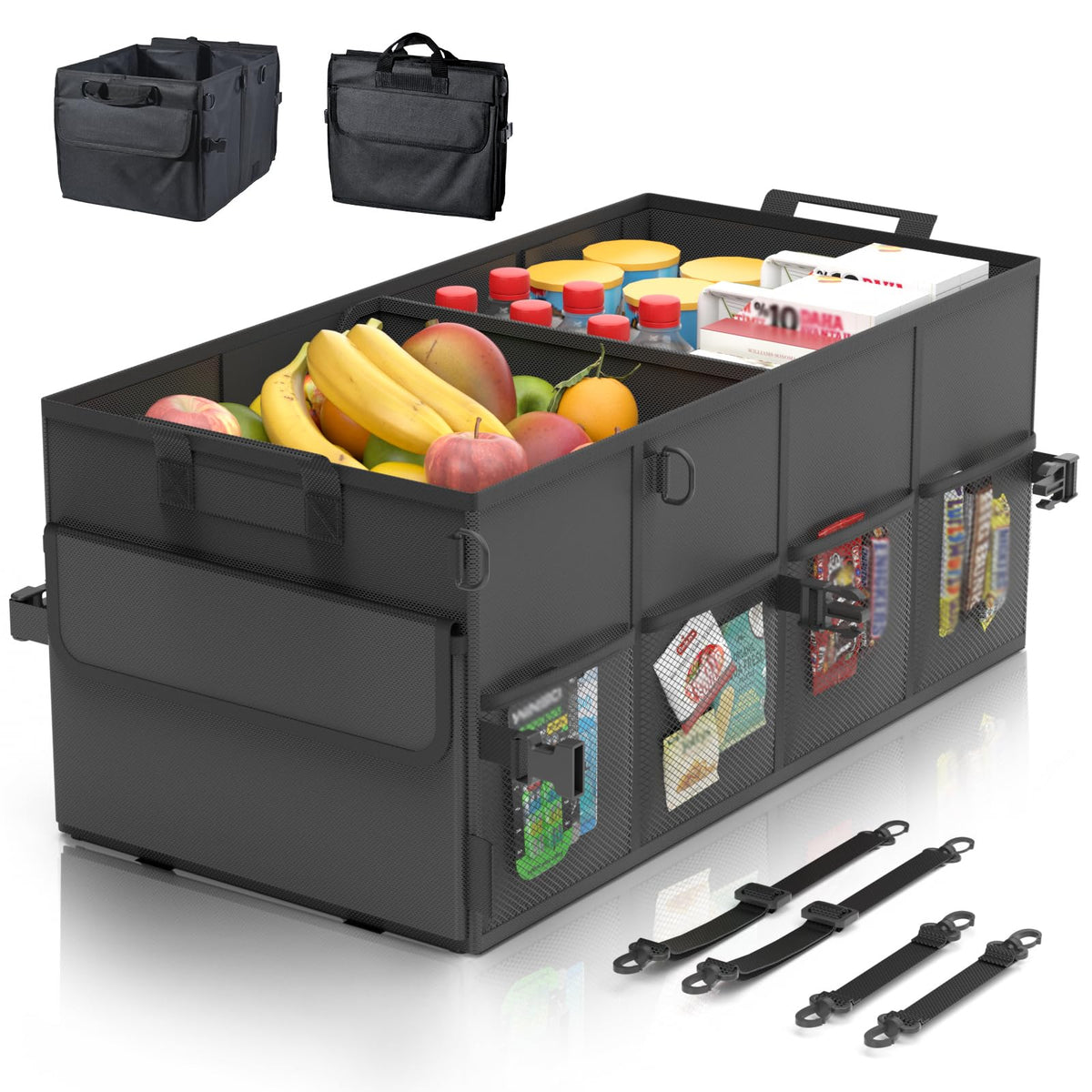 Car Trunk Organizer SUV Collapsible Car Caddy Truck Storage Heavy Duty Oxford Car Grocery Organizer for Cargo Van Jeep Sedan with 2 Large Compartments, 6 Pockets, 4 Adjustable Straps, 2 Handles 60L