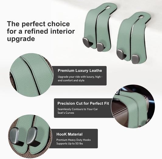 CoBak Purse Hook for Car - Universal Premium Stitched Leather and Aluminum-Magnesium Alloy Double Car Seat Back Storage Hook for Purses, Handbags, Bags (2 Pack),SageGreen