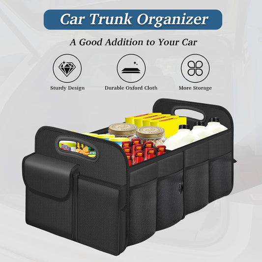 Trunk Organizer, Collapsible Waterproof car Trunk Organizer for SUVs & Sedans, Car Storage Organizers with Reinforced Handles, Car Accessories for Women and Men, 2 Compartments, 52L, Black