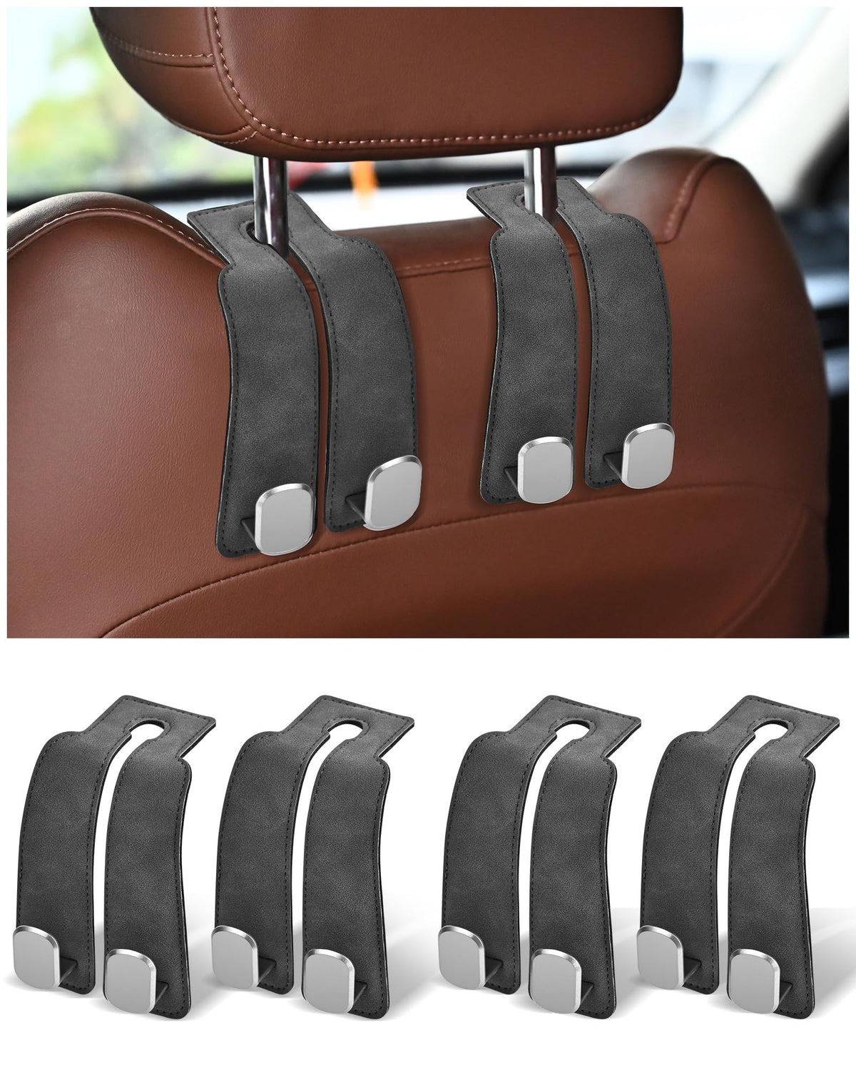 Headrest Hooks for Car, 4 Pack Car Seat Back Organizer Storage Hook, Double Hook Car Seat Hooks for Hanger Purses and Bags, Leather Purse Holder for Car, Black