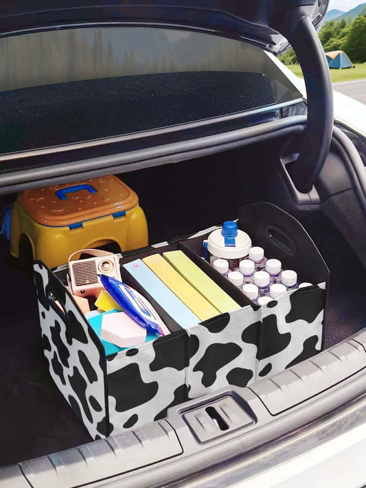 Cow Pattern Printed Multi-Functional Car Interior Storage Box, Foldable Trunk Organizer with Dividers, Casual Style for All Seasons, Car Organizers and Storage
