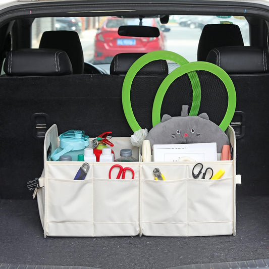 AOKJOY Car Trunk Organizer Car Storage Organizer Collapsible Multi Compartment Car Organizer Adjustable Straps for SUV(Beige)