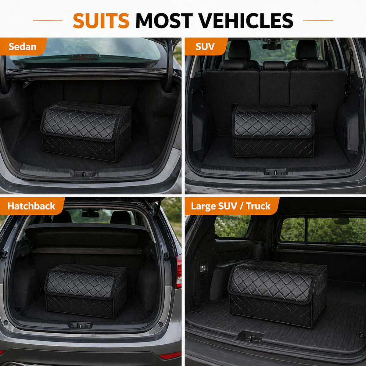 PU Leather Car Storage Organizer - Multifunctional Foldable Vehicle Accessory for Cars/SUVs, Multi-Compartment Adjustable Grocery Storage Box with Folding Design