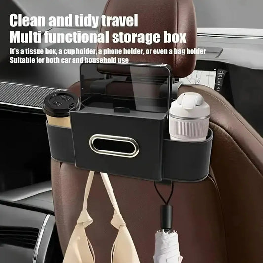 Minimalist Synthetic Car Backseat Organizer Storage Box - Tidy Rear Seat Accessory with Cup Holder, Tissue Box, Hooks for Bags - Ideal for Car Interior Stowing, Family Adventures