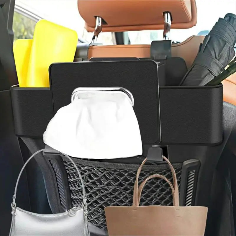 Plastic Multi-Use Car Seat Back Storage Box - Universal Car Accessories Interior, Tidy Seat Organizer with Tissue Slot, Hold 2 Cups, Bag-Hanging Hooks, Easy Grab Portable Storage Box for Stowing & Many Uses
