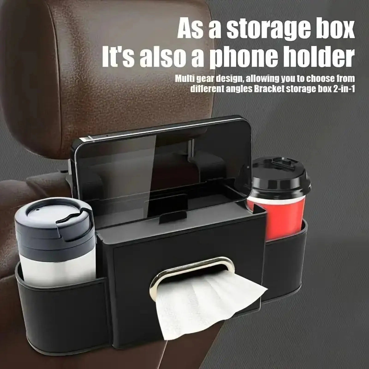 Minimalist Synthetic Car Backseat Organizer Storage Box - Tidy Rear Seat Accessory with Cup Holder, Tissue Box, Hooks for Bags - Ideal for Car Interior Stowing, Family Adventures
