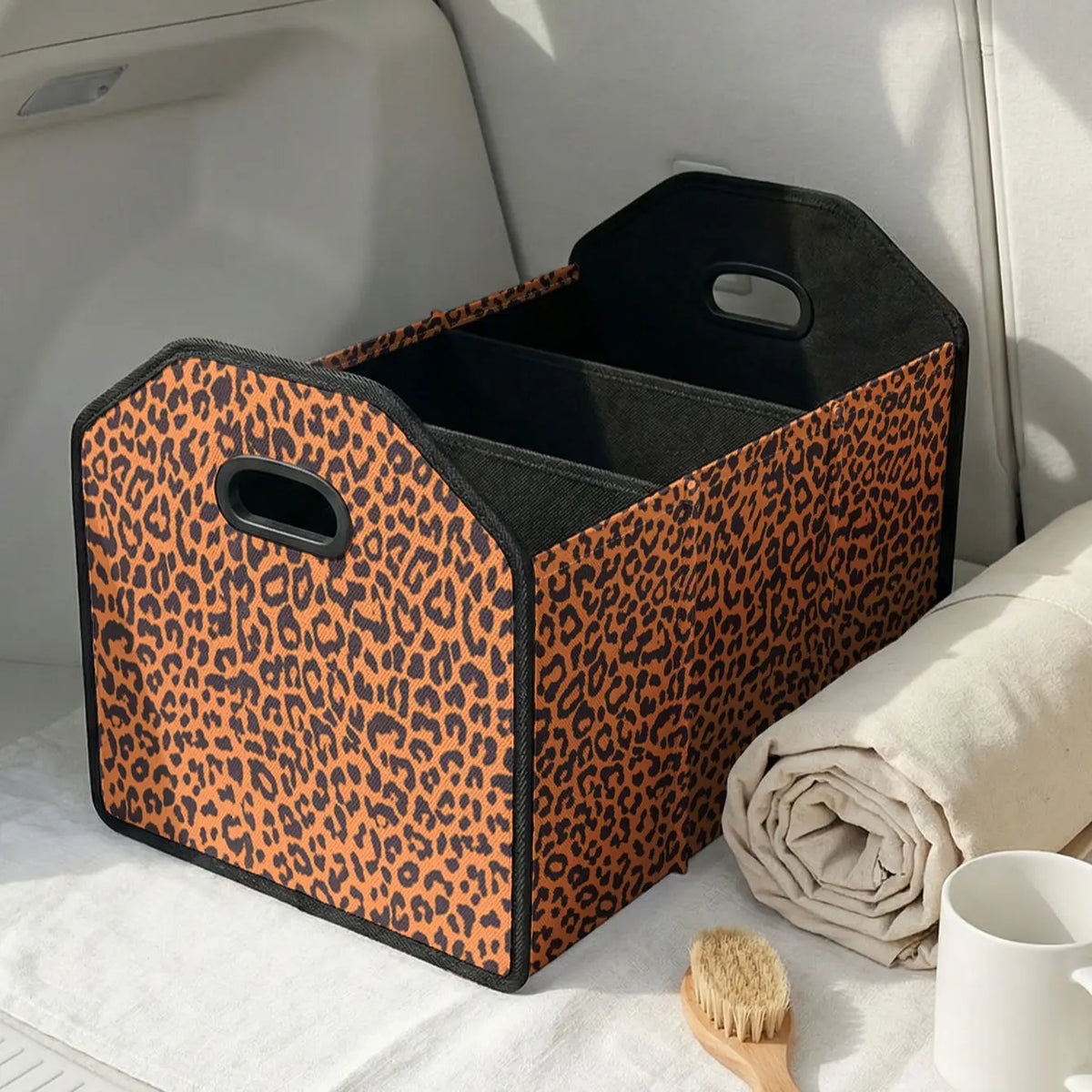 Leopard Print Multifunctional Car Storage Box, Foldable Trunk Organizer with Dividers, Automotive Cargo Holder, Vehicle Organizing Container, Car Organizers and Storage