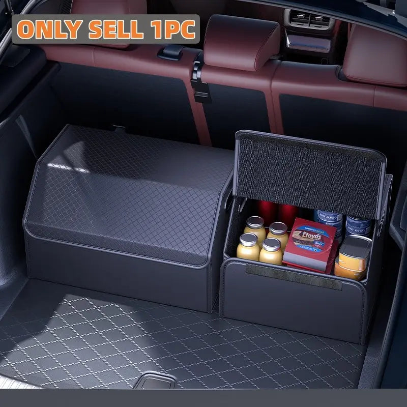 PU Leather Car Trunk Organizer with Lid - Foldable & Collapsible Cargo Storage Box for SUV, Car & MPV - Multi-Compartment Boot Organizer - Car Storage Organizers - Car Organizers And Storage - OOLEATHER