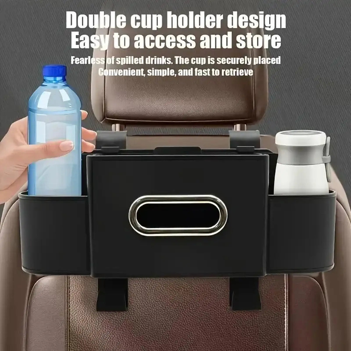 Minimalist Synthetic Car Backseat Organizer Storage Box - Tidy Rear Seat Accessory with Cup Holder, Tissue Box, Hooks for Bags - Ideal for Car Interior Stowing, Family Adventures