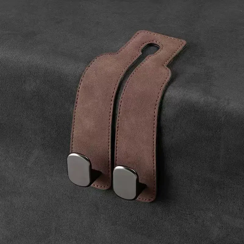 Leather Car Seat Headrest Hooks (2-Pack) - 360° Swivel Double Hooks, Car Seat Back Organizer with Purse Holding & Hide Under Bar Feature, Automotive Interior Stowing & Tidying Accessory