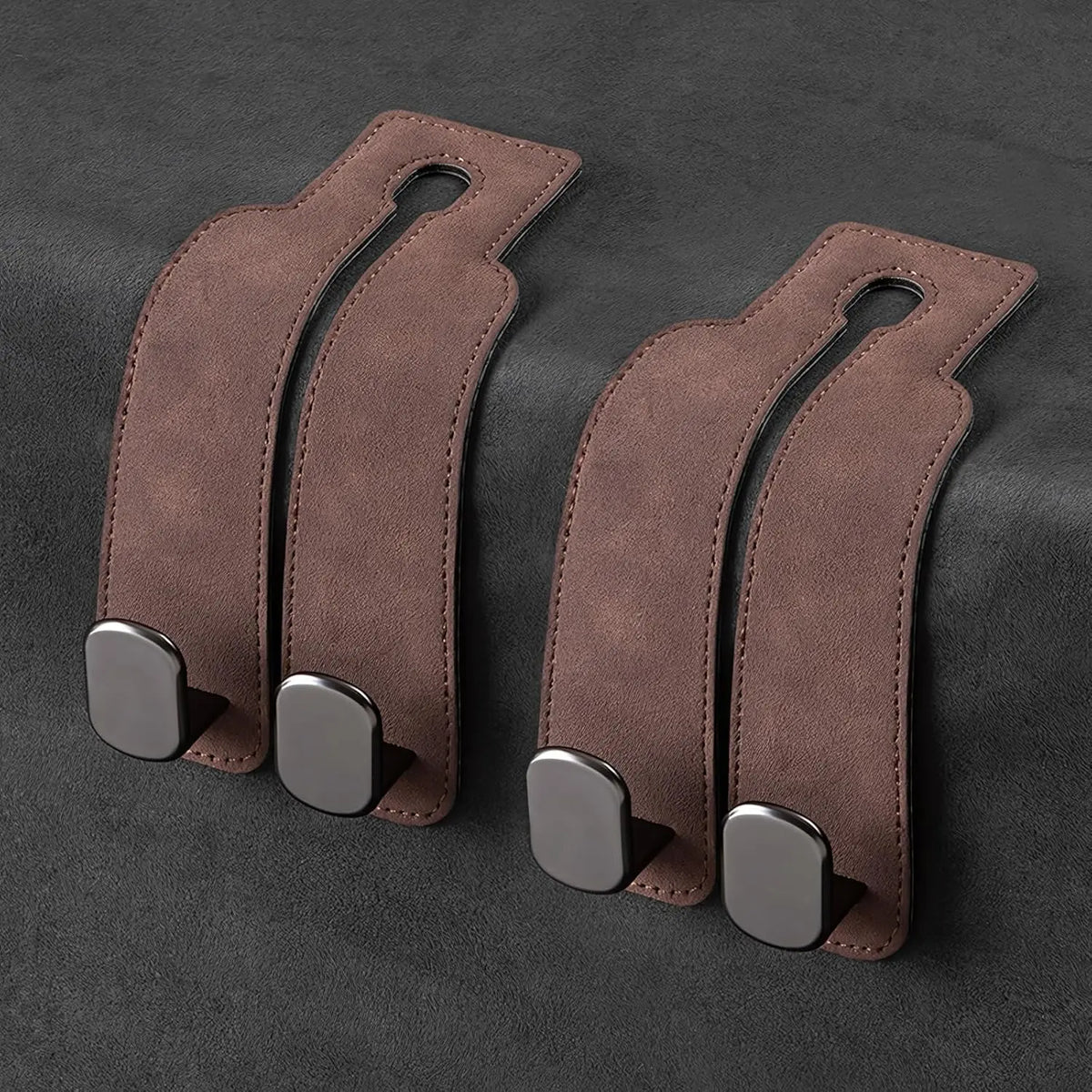 Leather Car Seat Headrest Hooks (2-Pack) - 360° Swivel Double Hooks, Car Seat Back Organizer with Purse Holding & Hide Under Bar Feature, Automotive Interior Stowing & Tidying Accessory