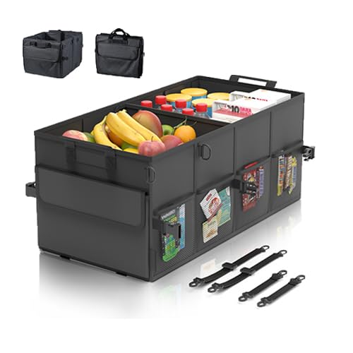 Car Trunk Organizer SUV Collapsible Car Caddy Truck Storage Heavy Duty Oxford Car Grocery Organizer for Cargo Van Jeep Sedan with 2 Large Compartments, 6 Pockets, 4 Adjustable Straps, 2 Handles 60L