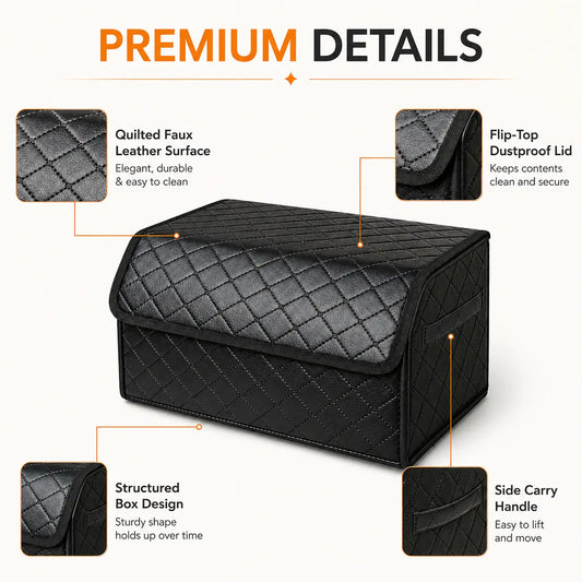 PU Leather Car Storage Organizer - Multifunctional Foldable Vehicle Accessory for Cars/SUVs, Multi-Compartment Adjustable Grocery Storage Box with Folding Design