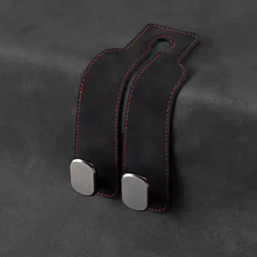 Leather Car Seat Headrest Hooks (2-Pack) - 360° Swivel Double Hooks, Car Seat Back Organizer with Purse Holding & Hide Under Bar Feature, Automotive Interior Stowing & Tidying Accessory
