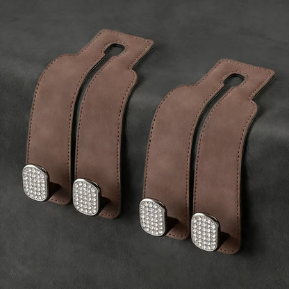 Leather Car Seat Headrest Hooks (2-Pack) - 360° Swivel Double Hooks, Car Seat Back Organizer with Purse Holding & Hide Under Bar Feature, Automotive Interior Stowing & Tidying Accessory