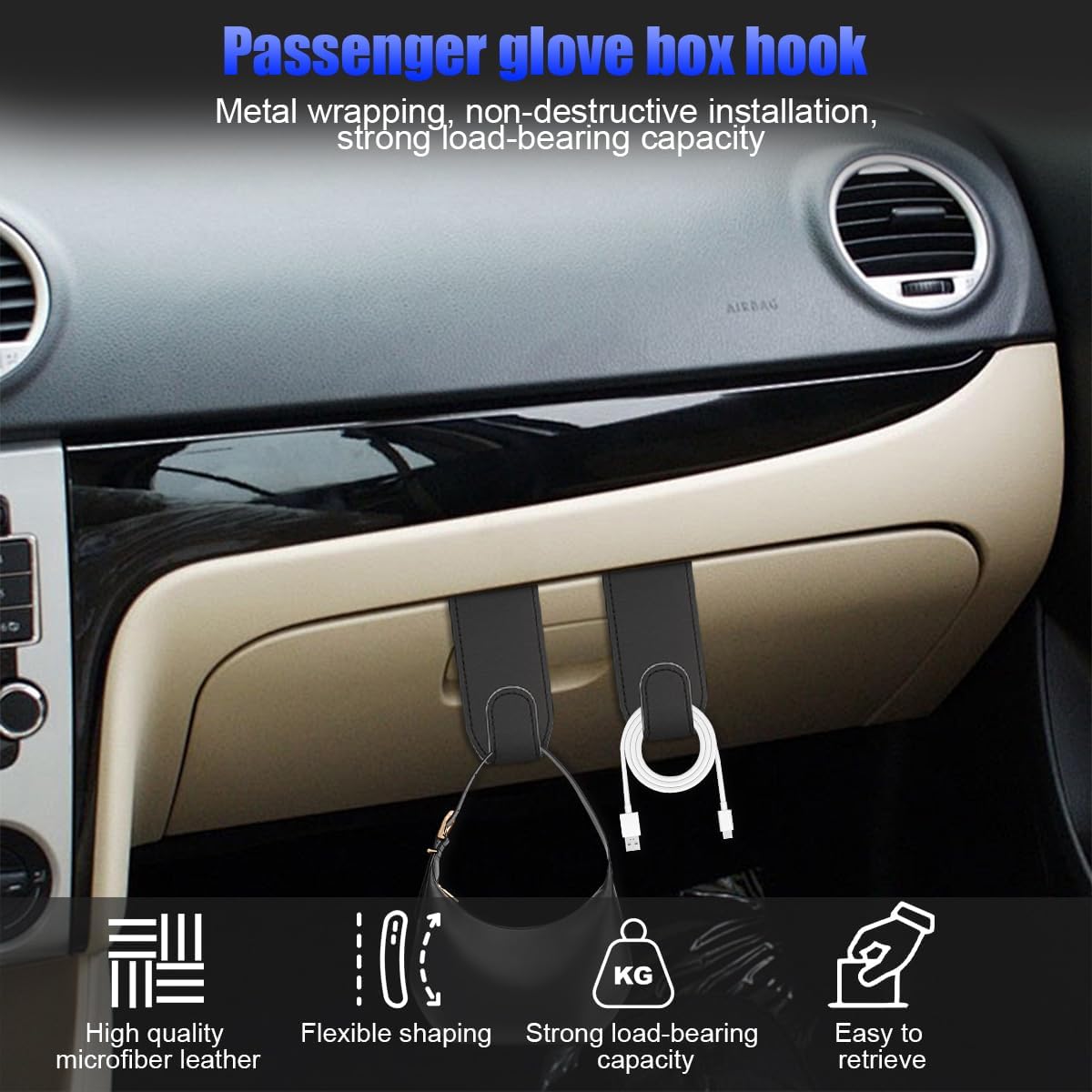Bittwee 2PCS Car Glove Box Hooks Passenger Storage Hangers Black