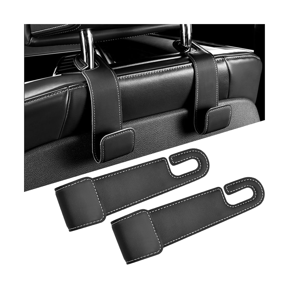 2PCS Car Seat Headrest Hook, Leather Vehicle Seatback Organizer Hanger for Hanging Purses Bags Coats, Auto Seat Back Storage Hook Accessories, Universal for SUV, Sedan, Truck (Black)