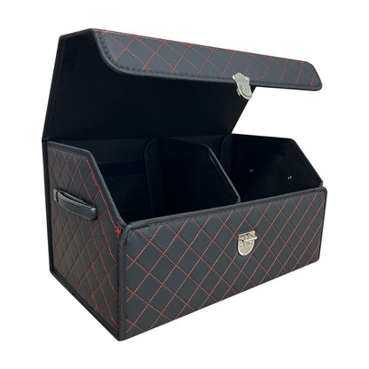 Trunk Organizer for Car With Lid,Foldable Trunk Organizer for SUVs & Sedans,Multi-Functional Leather Storage Box- Black Grid - Small