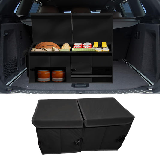 Car Trunk Organizer, Collapsible Multi Compartment Car Storage Box with Lid & Reinforced Handles, Adjustable Waterproof Storage Organizer Accessories for SUVs Cars Trucks (Black)