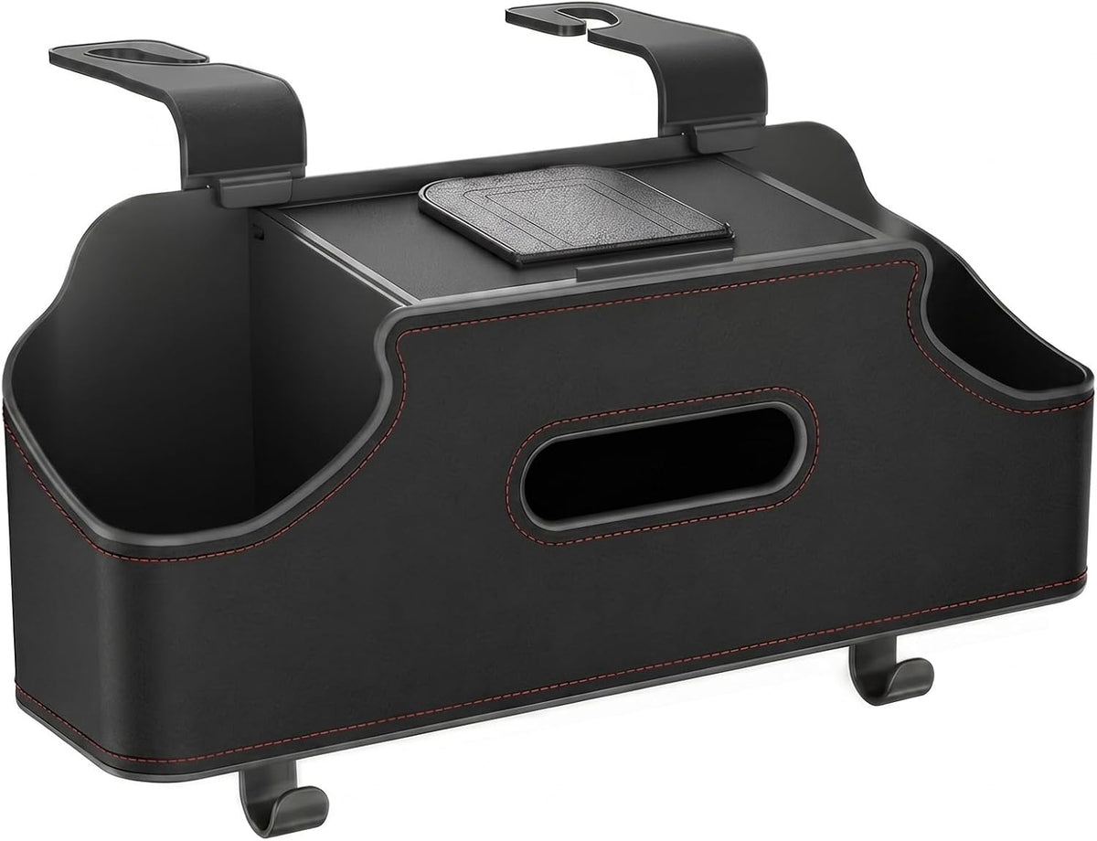 1 PC Car Seat Back Organizer, Multi-Function Tissue Storage Box with 2 Drink Cup Holders, Hanging Kids and Travel Accessories, Universal for Water Cup Phone Umbrella Bag (Black)