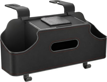 1 PC Car Seat Back Organizer, Multi-Function Tissue Storage Box with 2 Drink Cup Holders, Hanging Kids and Travel Accessories, Universal for Water Cup Phone Umbrella Bag (Black)