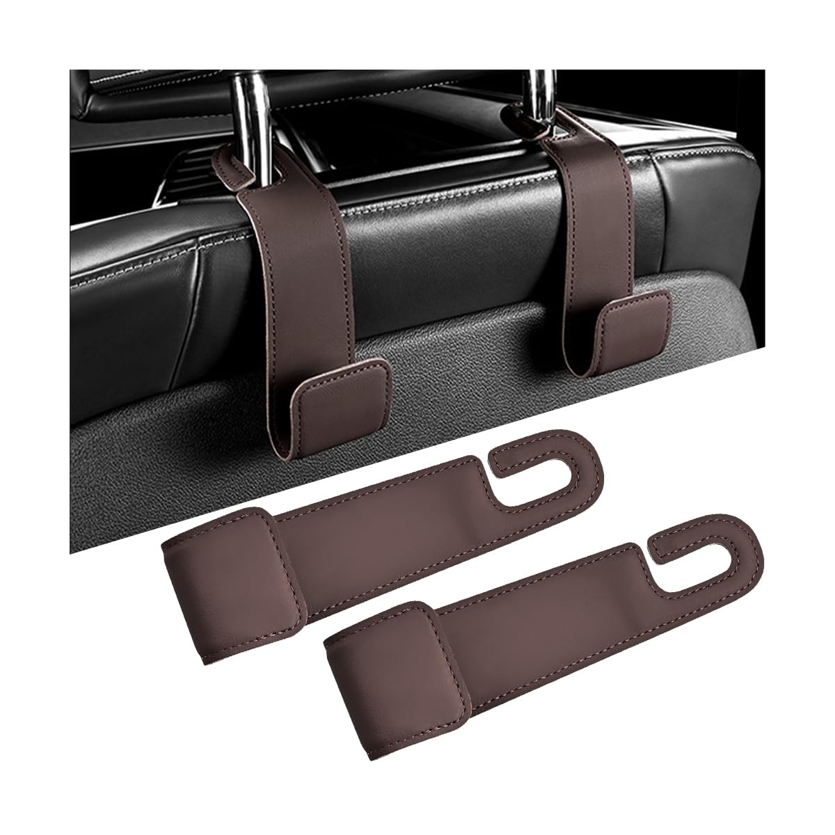 2PCS Car Seat Headrest Hook, Leather Vehicle Seatback Organizer Hanger for Hanging Purses Bags Coats, Auto Seat Back Storage Hook Accessories, Universal for SUV, Sedan, Truck (Black)