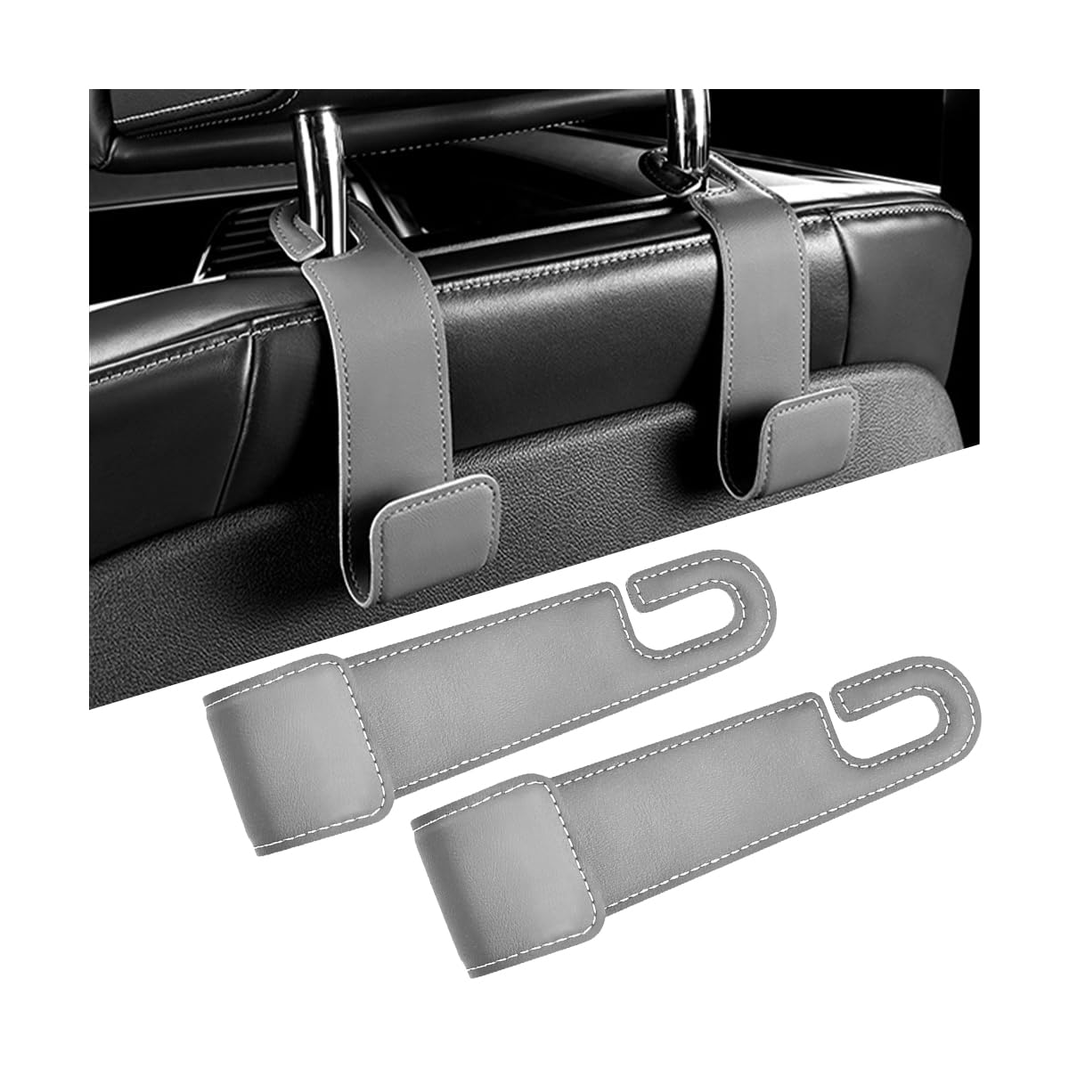 2PCS Car Seat Headrest Hook, Leather Vehicle Seatback Organizer Hanger for Hanging Purses Bags Coats, Auto Seat Back Storage Hook Accessories, Universal for SUV, Sedan, Truck (Black)