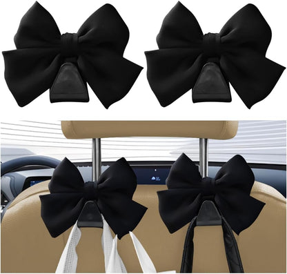 Car Seat Headrest Hook, 2PCS Cute Bow Knot Vehicle Seatback Hanging Storage Organizer, Seat Back Hanger for Purse Coat Umbrella, Universal Automotive Interior Decor Accessories (Black)