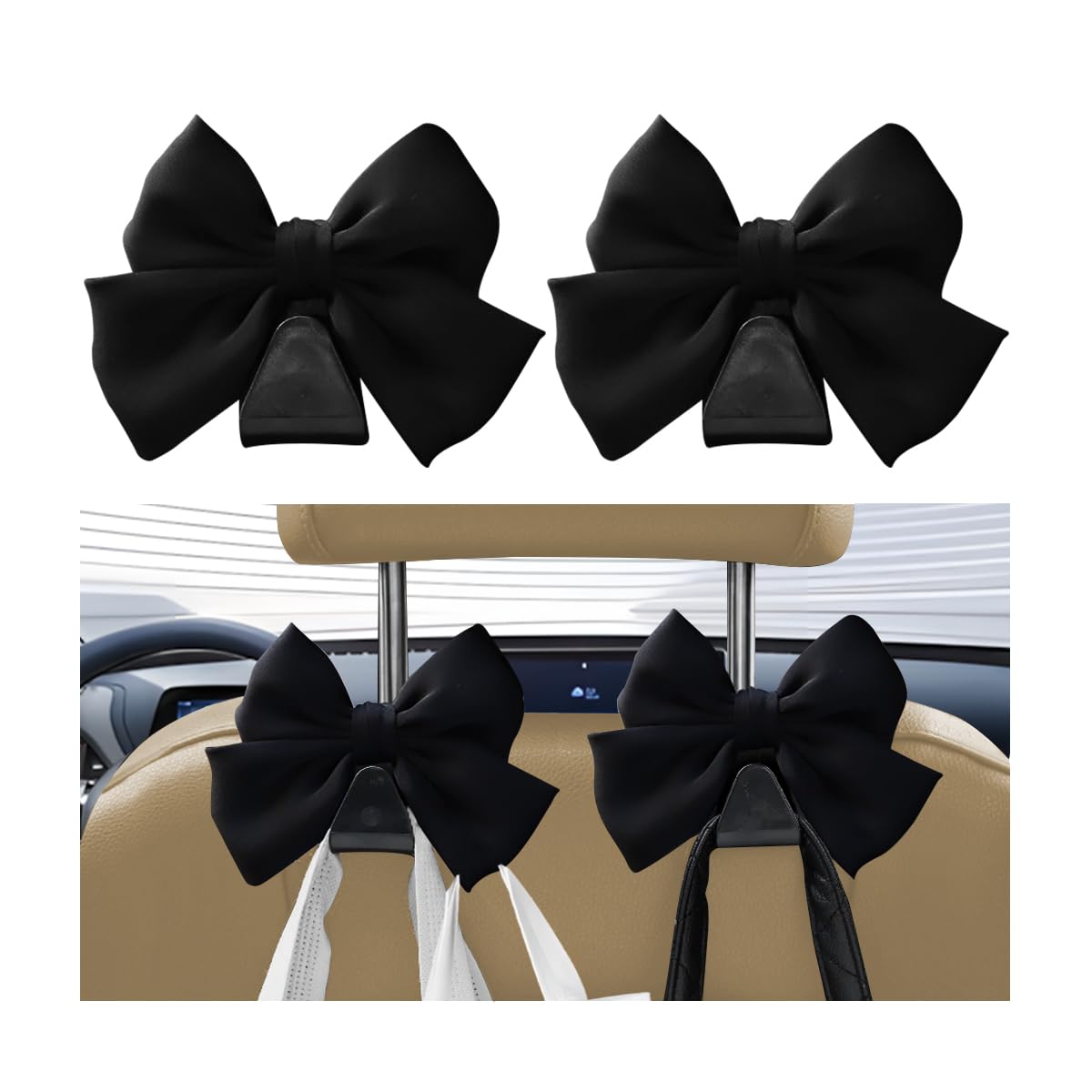 Car Seat Headrest Hook, 2PCS Cute Bow Knot Vehicle Seatback Hanging Storage Organizer, Seat Back Hanger for Purse Coat Umbrella, Universal Automotive Interior Decor Accessories (Black)