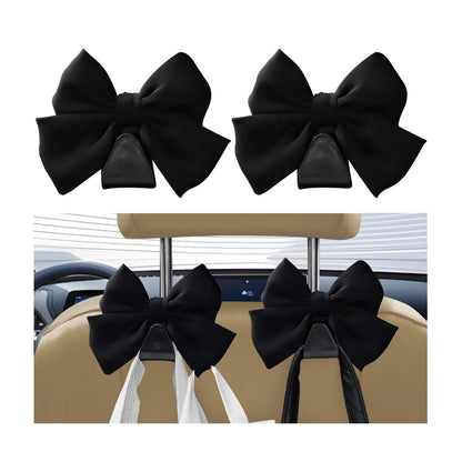 Car Seat Headrest Hook, 2PCS Cute Bow Knot Vehicle Seatback Hanging Storage Organizer, Seat Back Hanger for Purse Coat Umbrella, Universal Automotive Interior Decor Accessories (Black)