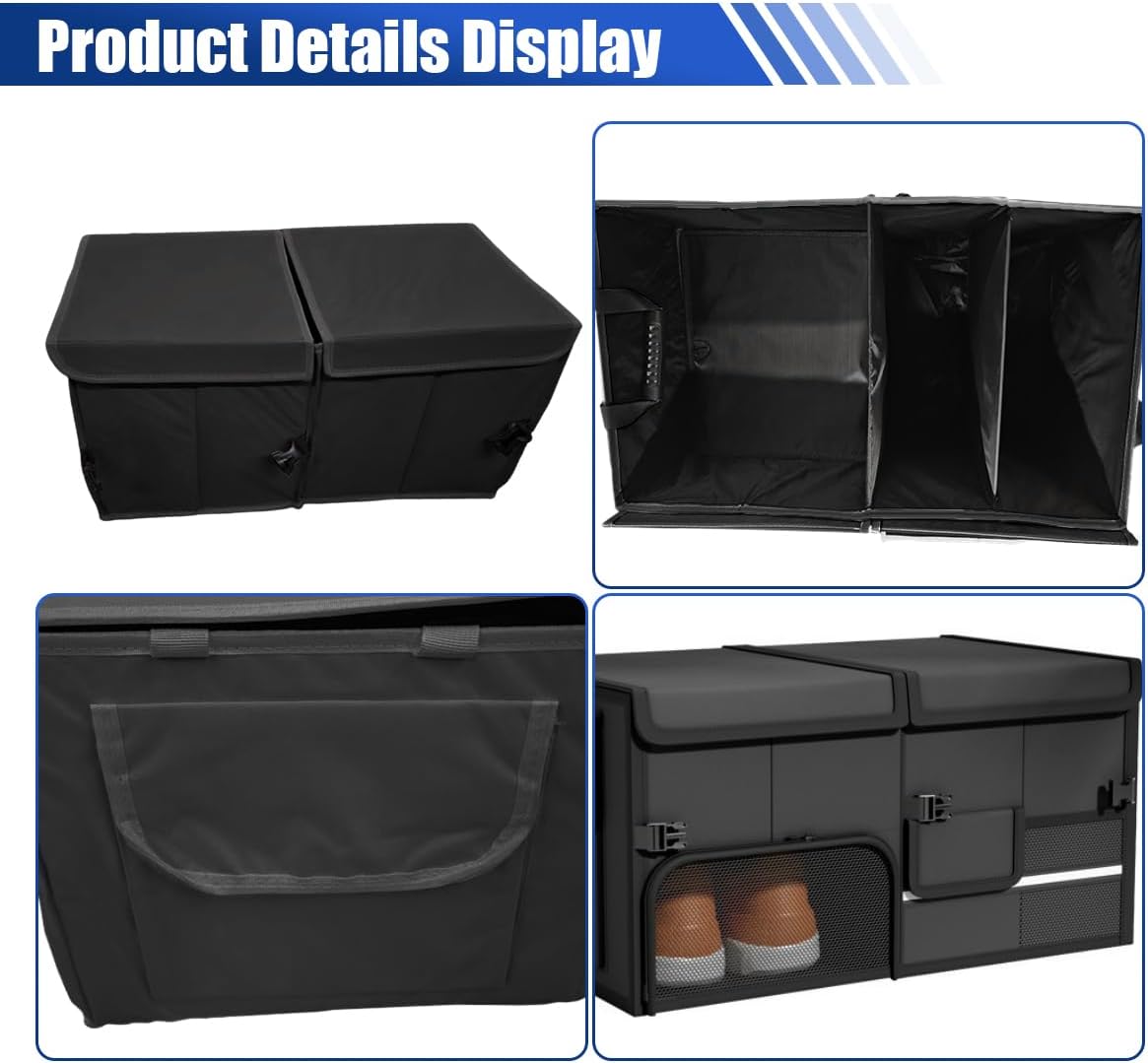 Car Trunk Organizer, Collapsible Multi Compartment Car Storage Box with Lid & Reinforced Handles, Adjustable Waterproof Storage Organizer Accessories for SUVs Cars Trucks (Black)