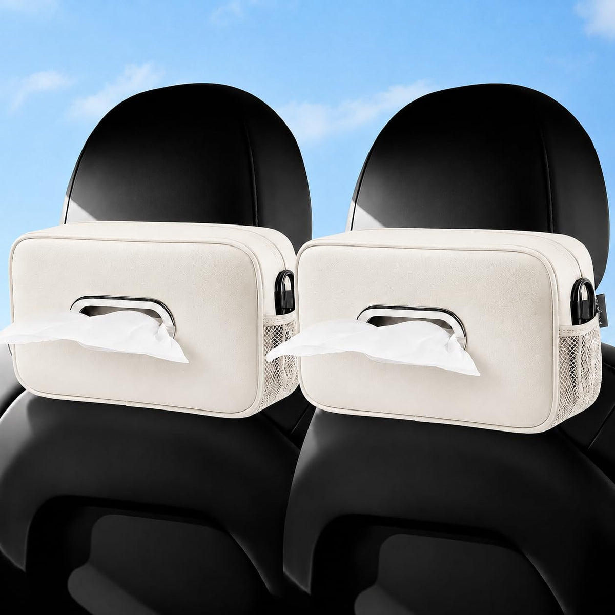 Multi-Functional Car Tissue Holder with ‌2 Storage Nets, Tissue Box Cover