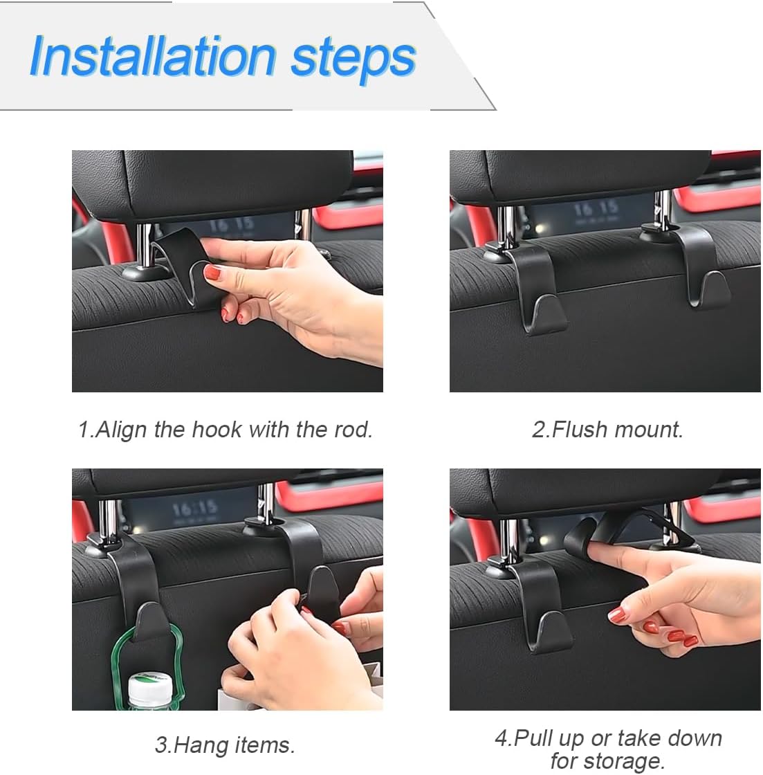 Osilly Car Seat Headrest Hook, 4 Pack Auto Seat Hanger Storage Organizer for Purse Handbag Coats Grocery Bags, Car Interior Accessories, Universal Vehicle Backseat Plastic Hanging Hook (Black2)
