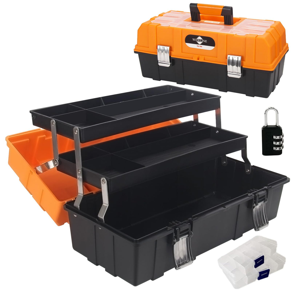 WEWLINE 16.5-Inch Tool Box Organizer 3-Layer Multiplication Plastic Storage Toolbox with Portable Handle Perfect for Home Office Car Trunk Fishing