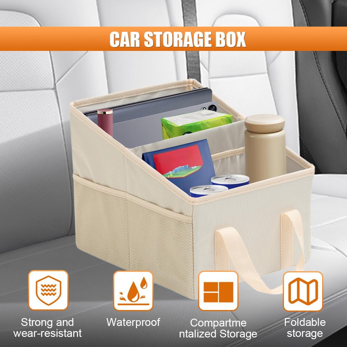 Craedli Car Seat Organizer, Collapsible Trunk Organizer Backseat Car Storage Box with 2 Compartments and Multiple Pockets, Passenger Seat Organizer with Handles for Front/Back Consoles (Beige)