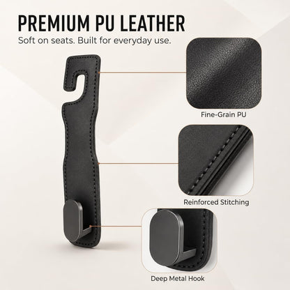 4-Pack Car Seat Hooks for Headrest, PU Leather & Stainless Steel Seat Organizer for Purses, Bags (Holds 44 lbs),Car Seat Hooks Universal Fit for All Cars, Easy Installation