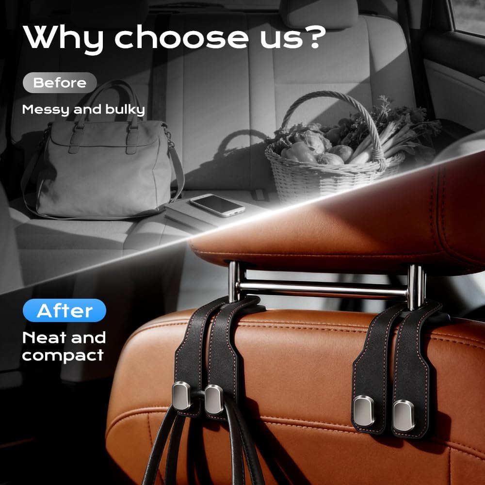 2 Pcs Car Seat Back Storage Hook, 2026 New Heavy Duty Headrest Hooks for Car, Durable Car Seat Hooks Holder Organizer for Purse Bags Handbags Interior Accessories