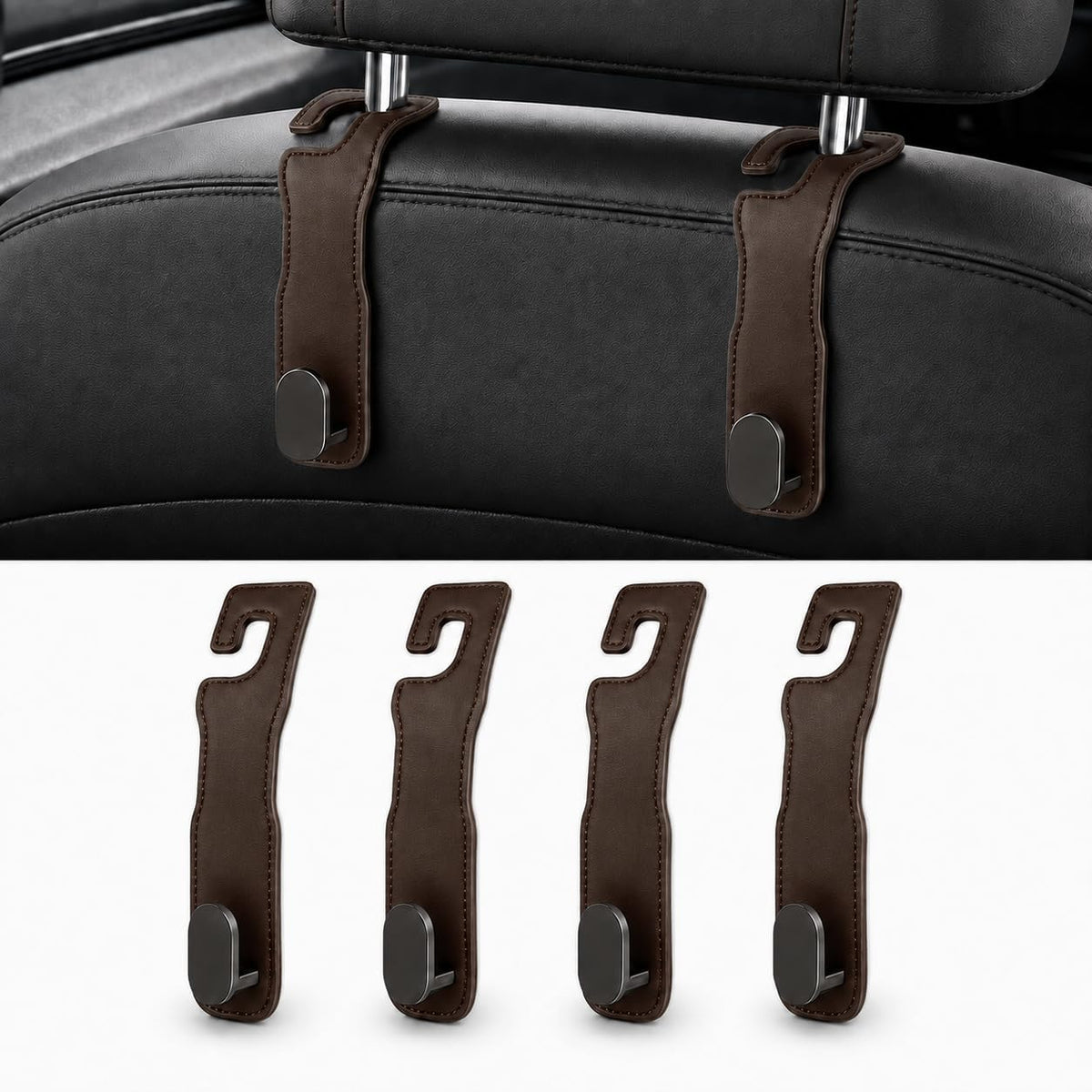 4-Pack Car Seat Hooks for Headrest, PU Leather & Stainless Steel Seat Organizer for Purses, Bags (Holds 44 lbs),Car Seat Hooks Universal Fit for All Cars, Easy Installation