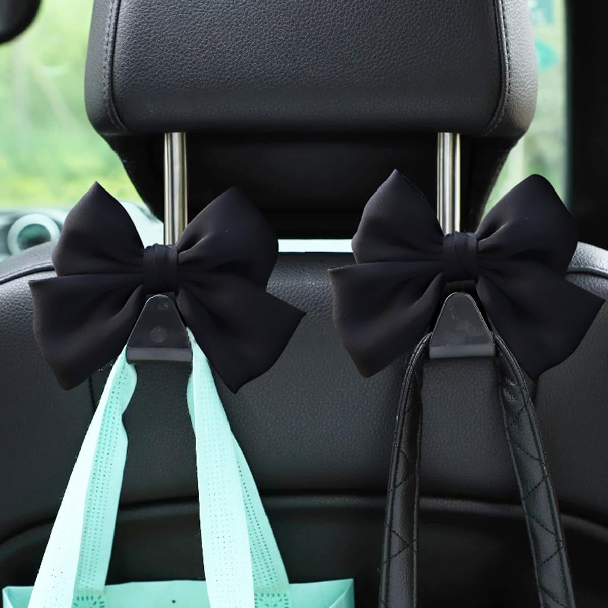 Car Seat Headrest Hook, 2PCS Cute Bow Knot Vehicle Seatback Hanging Storage Organizer, Seat Back Hanger for Purse Coat Umbrella, Universal Automotive Interior Decor Accessories (Black)