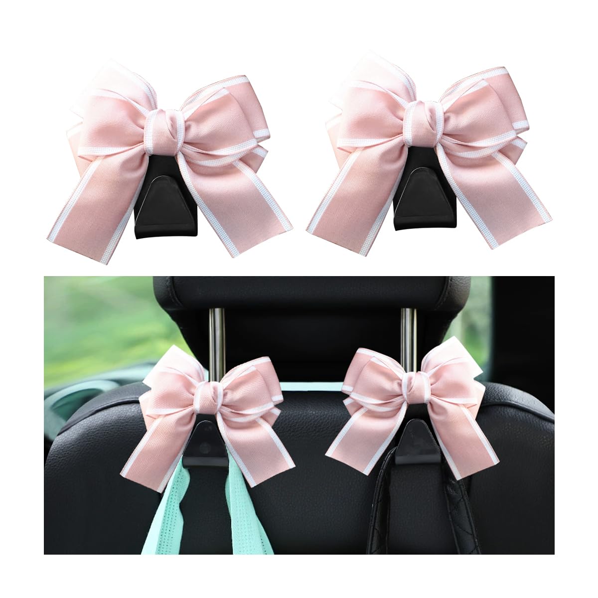 Car Seat Headrest Hook, 2PCS Cute Bow Knot Vehicle Seatback Hanging Storage Organizer, Seat Back Hanger for Purse Coat Umbrella, Universal Automotive Interior Decor Accessories (Black)