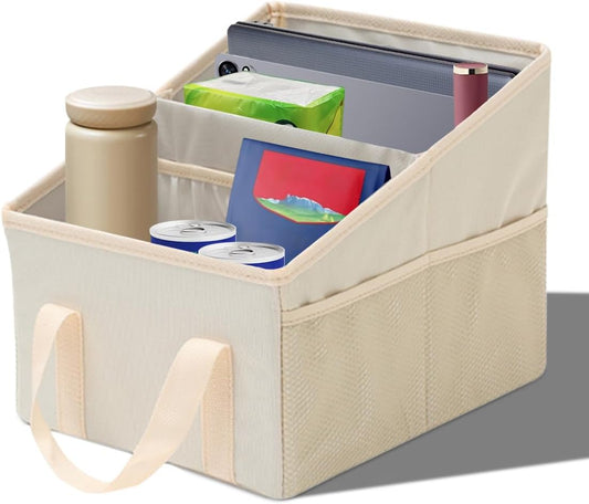 Craedli Car Seat Organizer, Collapsible Trunk Organizer Backseat Car Storage Box with 2 Compartments and Multiple Pockets, Passenger Seat Organizer with Handles for Front/Back Consoles (Beige)
