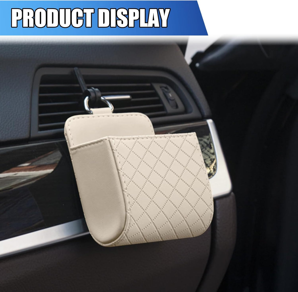 Car Vent Storage Bag, Leather Car Dashboard Organizer Pocket, Beige