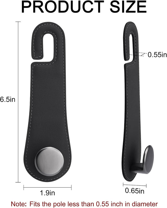 2 Pack Car Headrest Hooks Leather & Alloy Car Seat Storage Hangers, Black